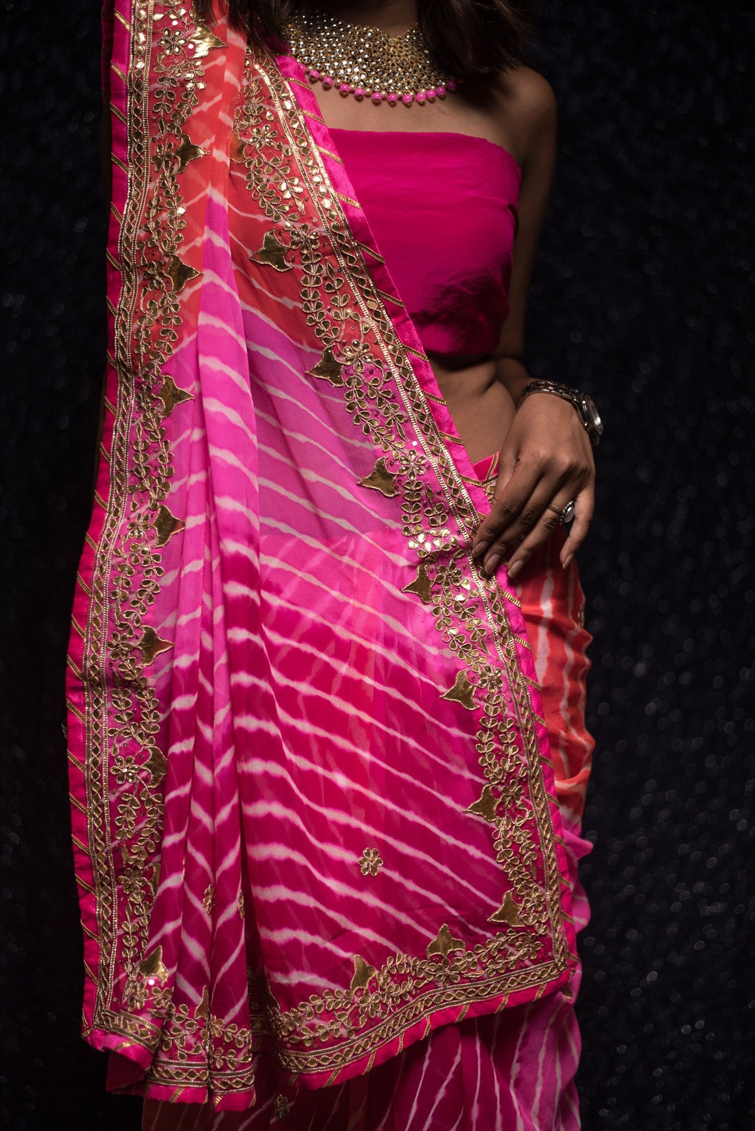 Red And Pink Color Pure Bandhage Saree - Atomic Pink - Naksheband