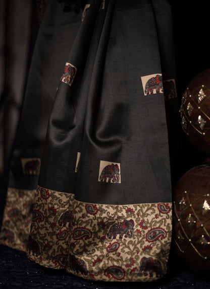 Black Color Designer Printed Pure Silk Saree - Pitch Prints - Naksheband