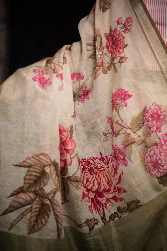 Beige Color Designer Floral Print Pure Cotton Saree - Flora Fun - Naksheband