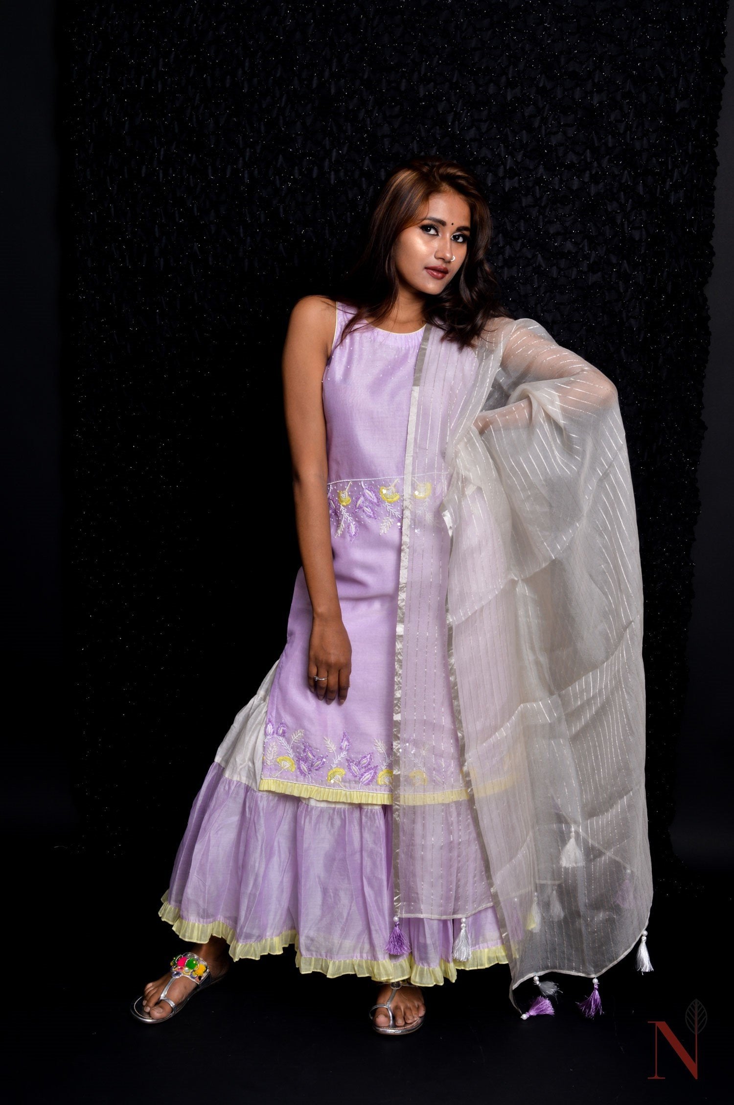 Lavender Color Teared Garara Silk Chanderi Set- Lavender Blush - Naksheband