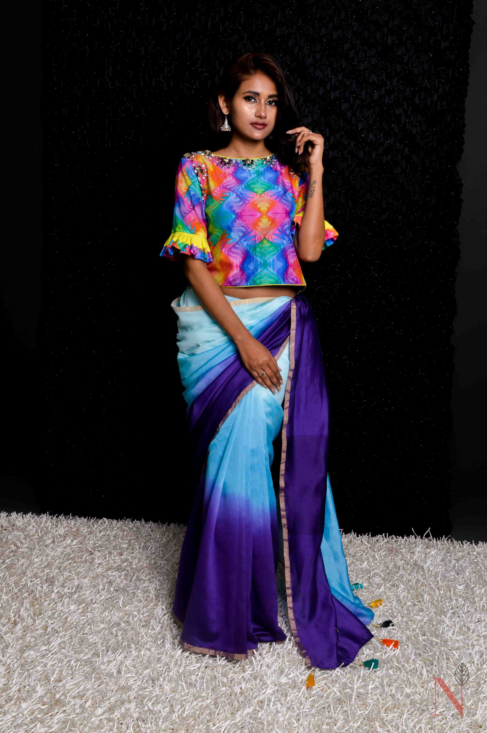Dual Shade Of Sky And Navy Color Designer Pure Silk Chanderi Saree - Rainbow - Naksheband