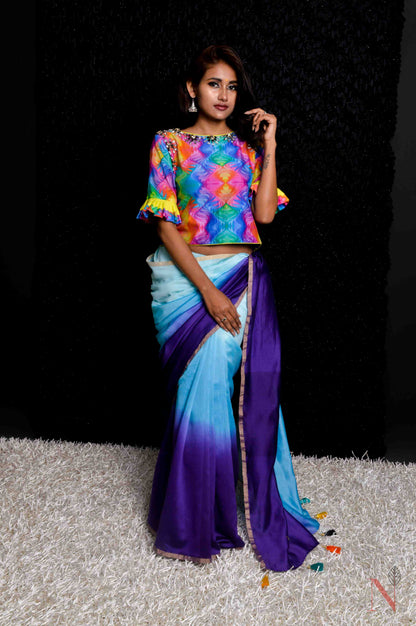 Dual Shade Of Sky And Navy Color Designer Pure Silk Chanderi Saree - Rainbow - Naksheband