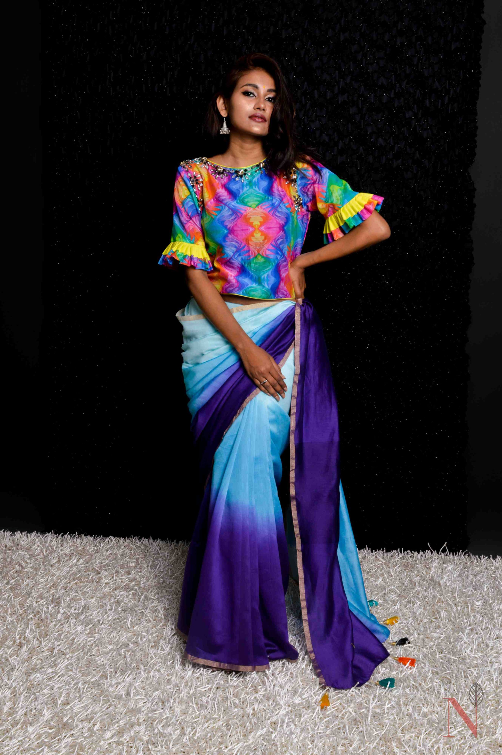 Dual Shade Of Sky And Navy Color Designer Pure Silk Chanderi Saree - Rainbow - Naksheband