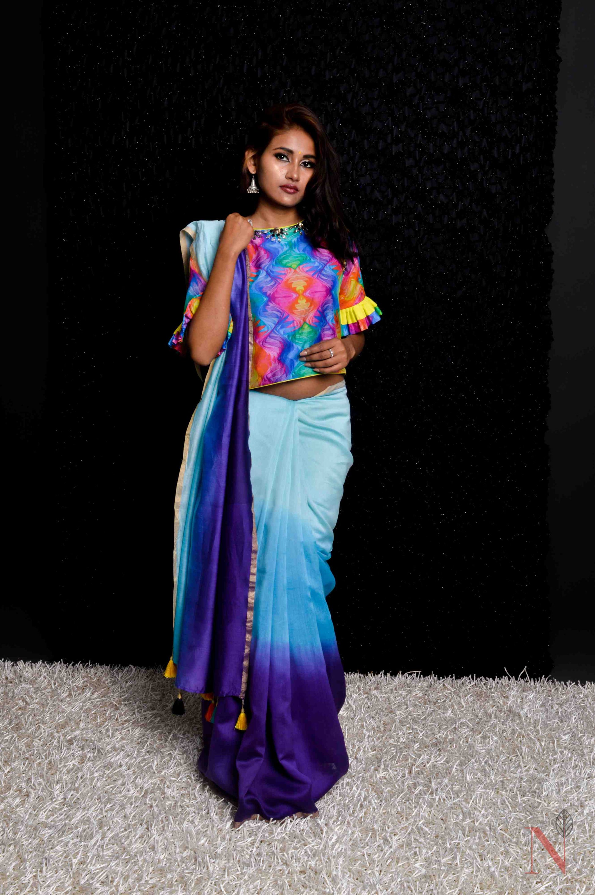 Dual Shade Of Sky And Navy Color Designer Pure Silk Chanderi Saree - Rainbow - Naksheband