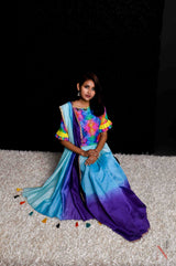 Dual Shade Of Sky And Navy Color Designer Pure Silk Chanderi Saree - Rainbow - Naksheband