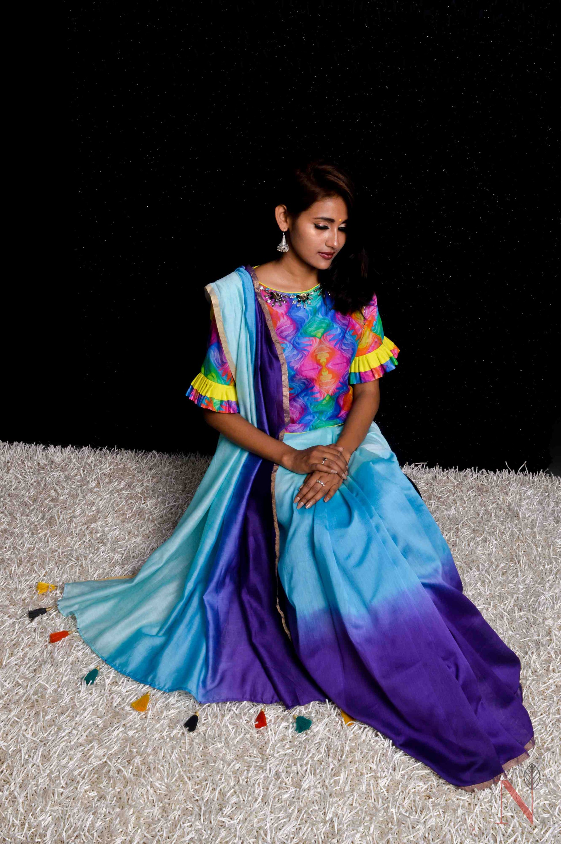 Dual Shade Of Sky And Navy Color Designer Pure Silk Chanderi Saree - Rainbow - Naksheband