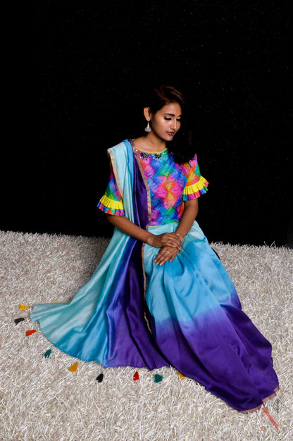 Dual Shade Of Sky And Navy Color Designer Pure Silk Chanderi Saree - Rainbow - Naksheband