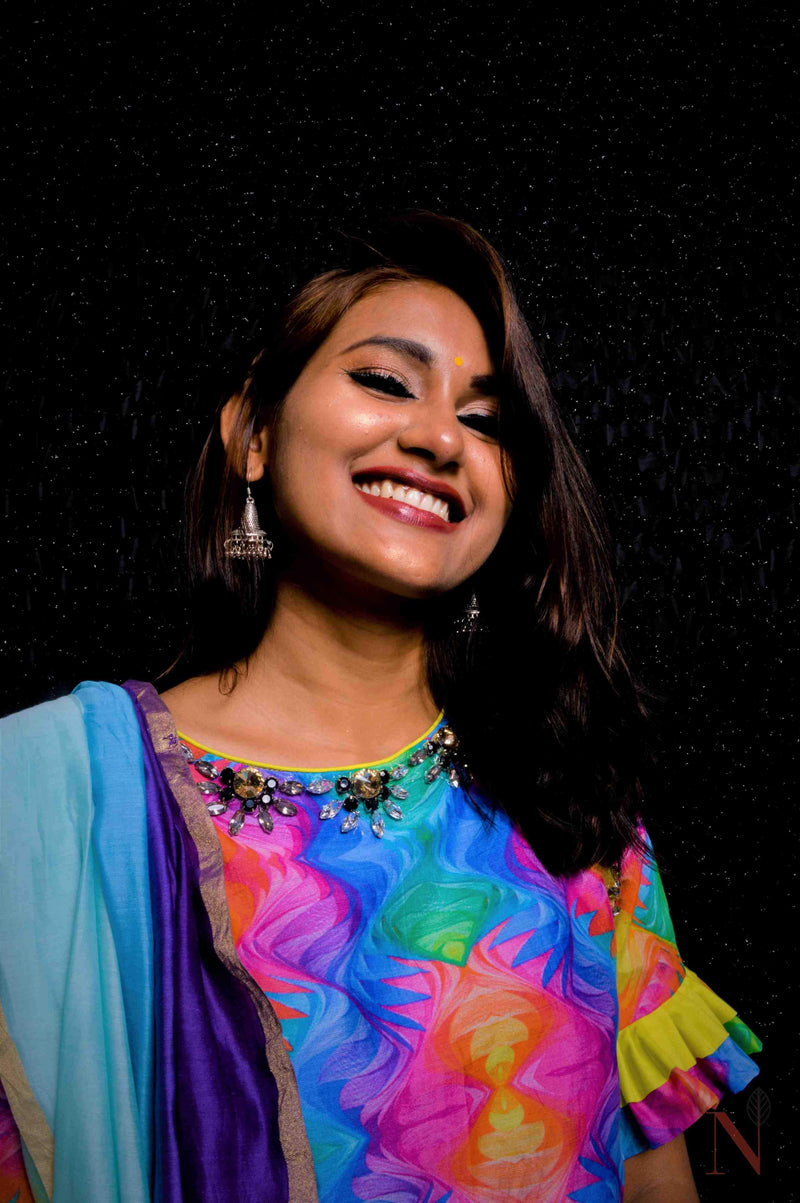 Dual Shade Of Sky And Navy Color Designer Pure Silk Chanderi Saree - Rainbow - Naksheband