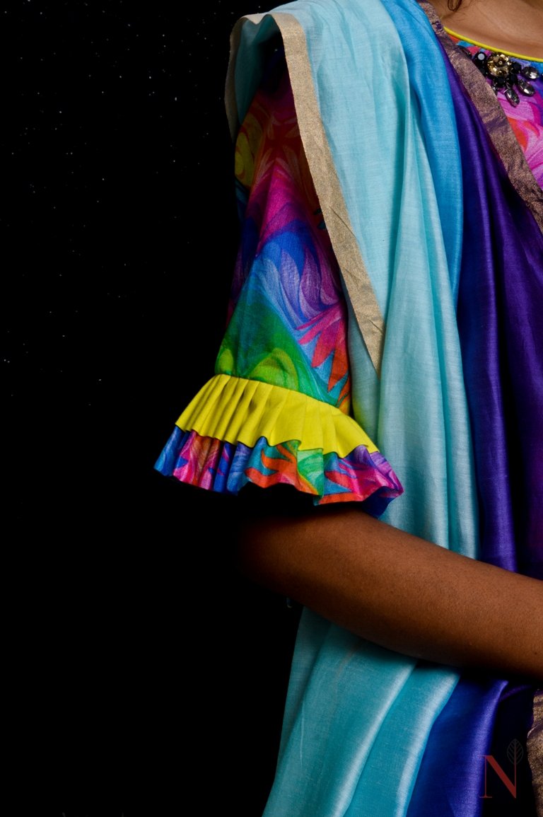 Dual Shade Of Sky And Navy Color Designer Pure Silk Chanderi Saree - Rainbow - Naksheband
