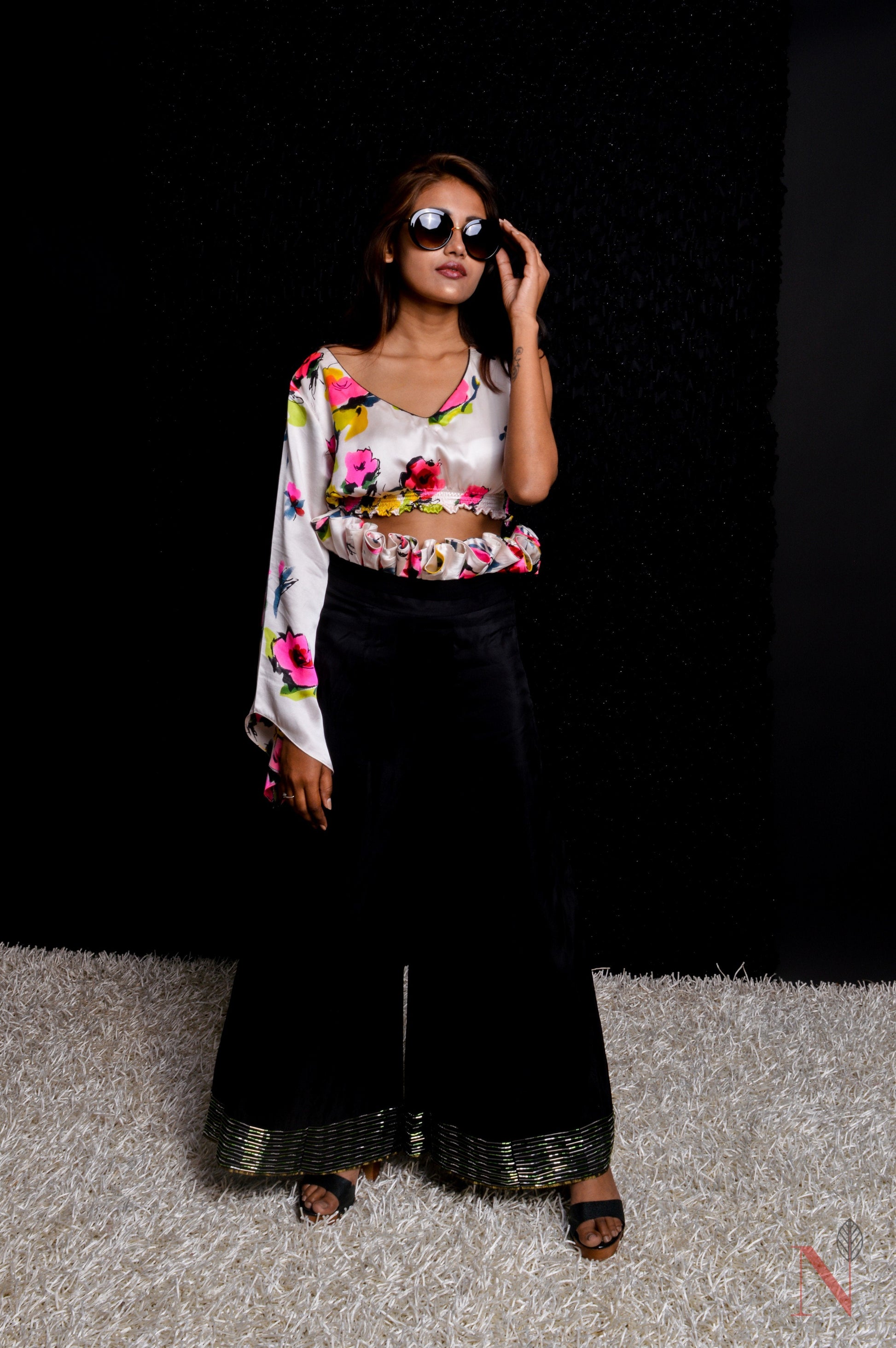 Indowestern Designer High Waist Frilled Pant Top Set - Forest - Naksheband