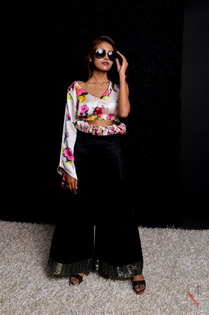 Indowestern Designer High Waist Frilled Pant Top Set - Forest - Naksheband
