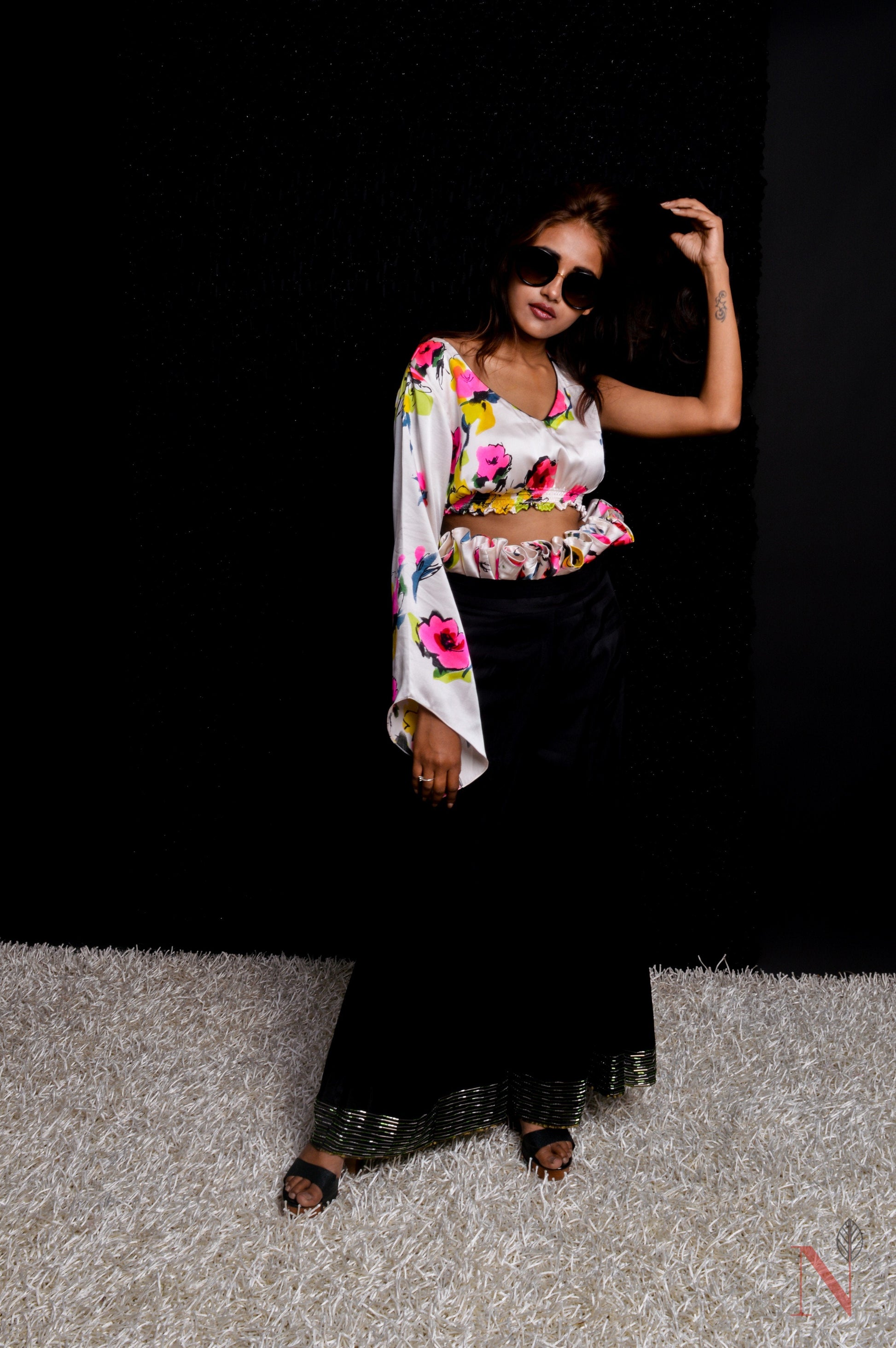 Indowestern Designer High Waist Frilled Pant Top Set - Forest - Naksheband