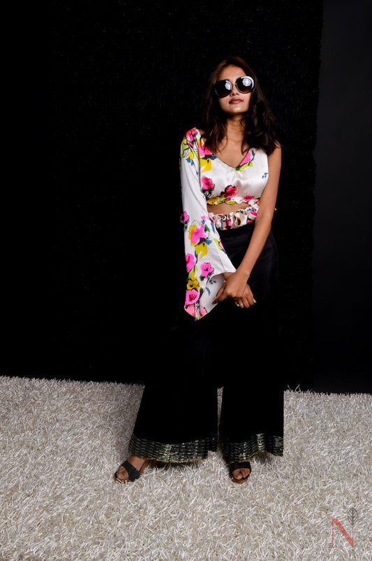 White With Floral Print Indowestern Designer High Waist Frilled Pant Top Set - Forest - Naksheband