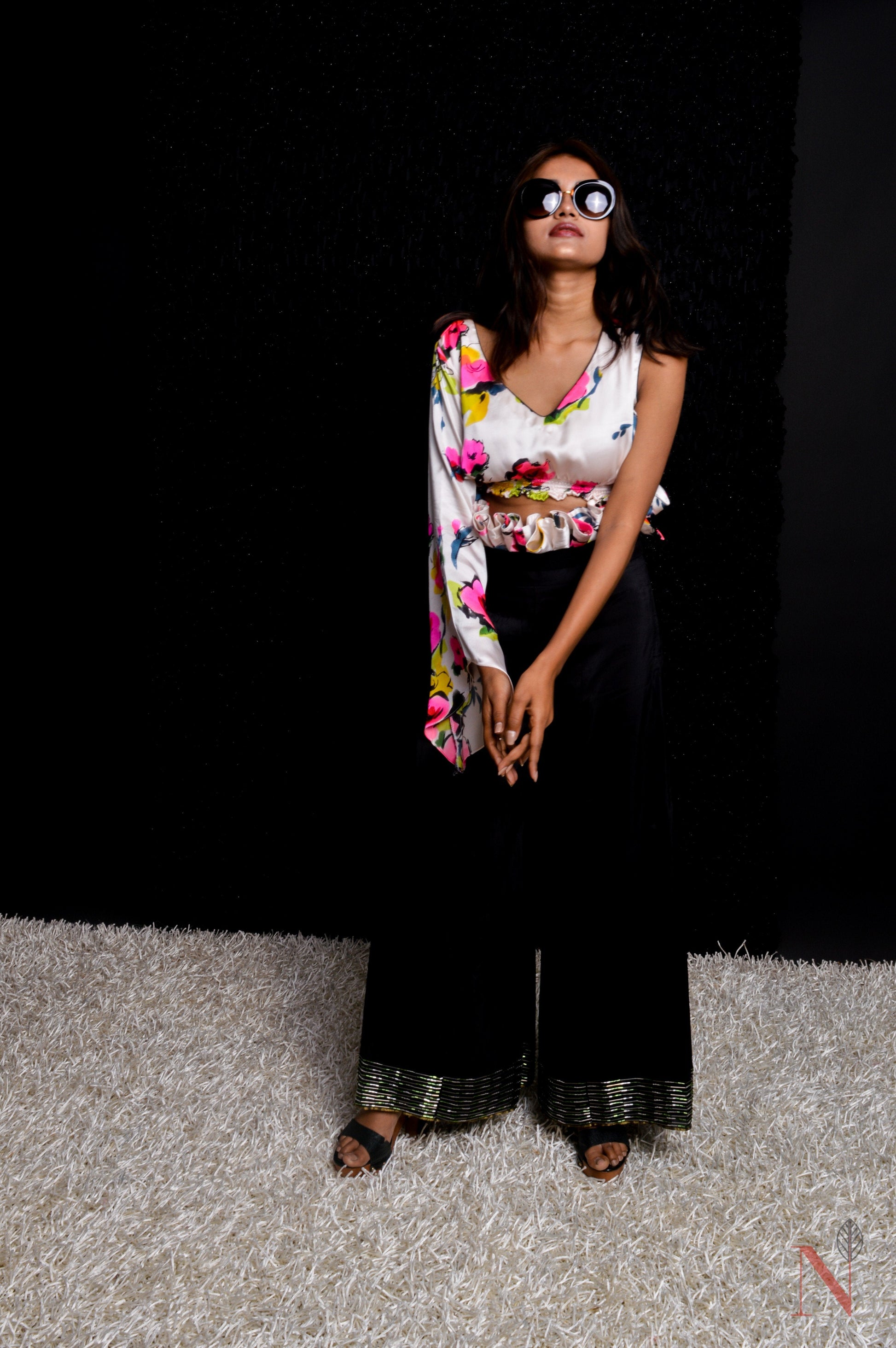 Indowestern Designer High Waist Frilled Pant Top Set - Forest - Naksheband