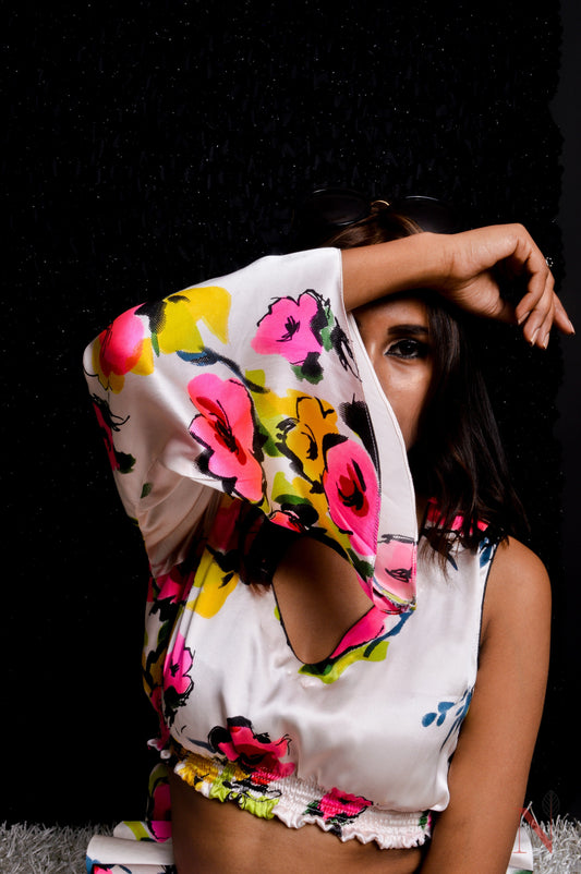 White With Floral Print Indowestern Designer High Waist Frilled Pant Top Set - Forest - Naksheband