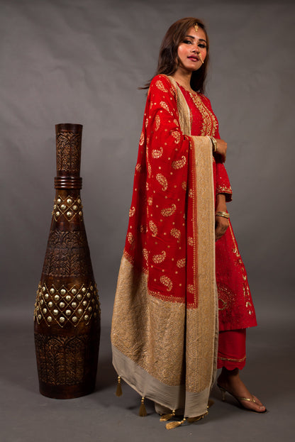 Pure Red Color Pure Muga Silk Suit Set Hand Embroidery - Red Anemone