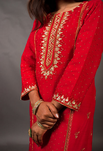 Pure Red Color Pure Muga Silk Suit Set Hand Embroidery - Red Anemone