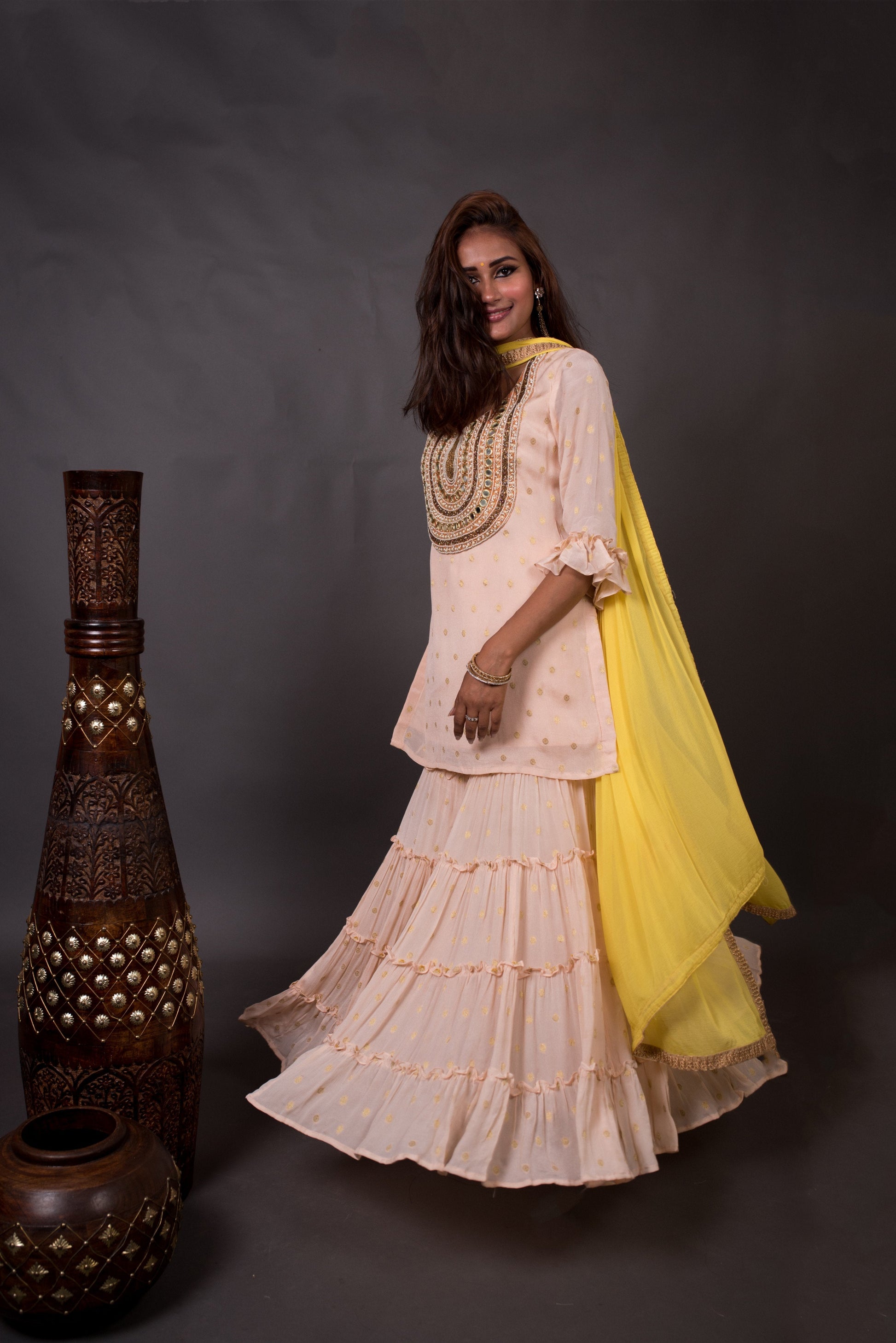 Teared Garara Chanderi Silk Set - Honey Dew - Naksheband