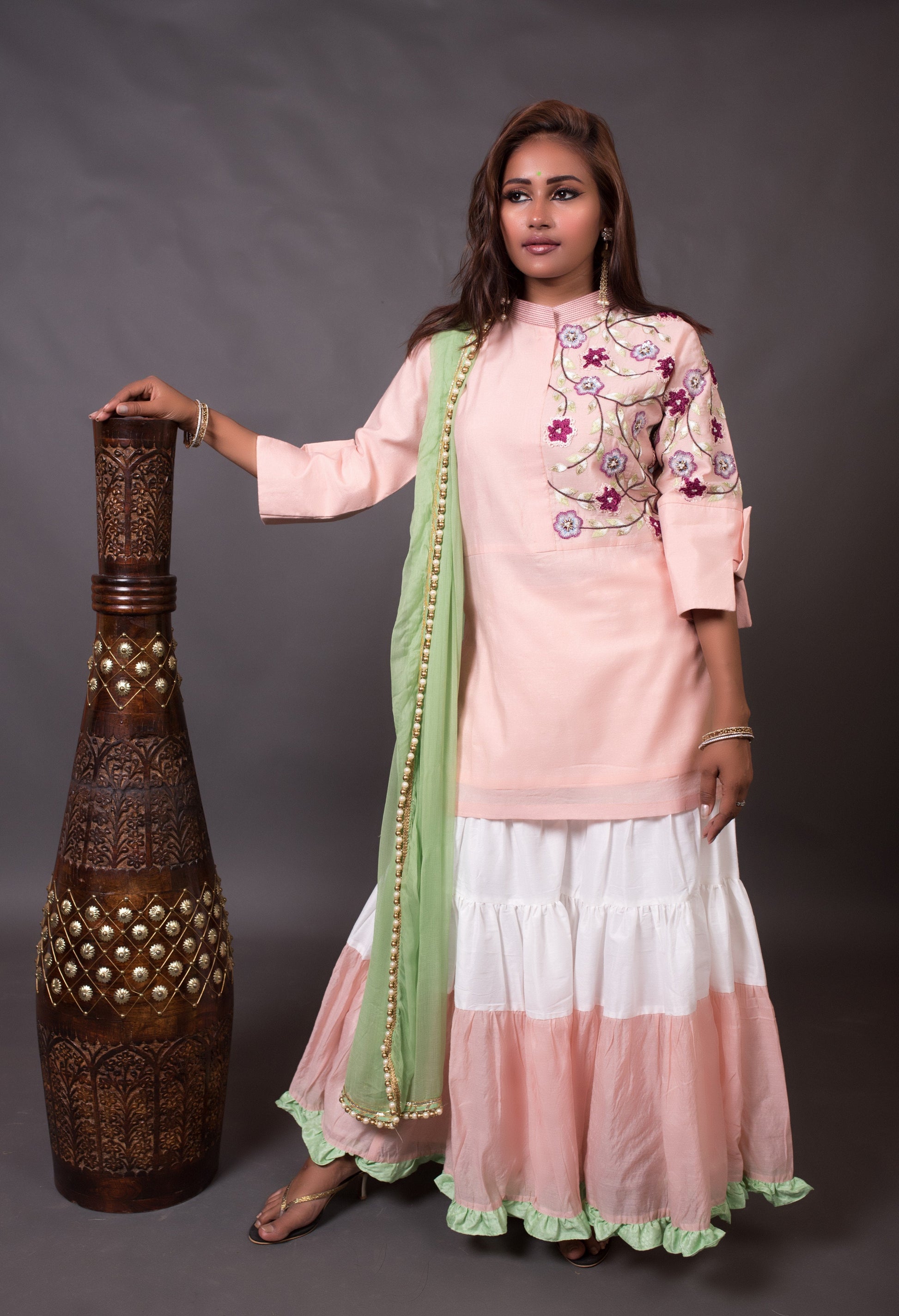 Blush Pink Color Teared Garara Silk Chanderi Set -  American dawn - Naksheband