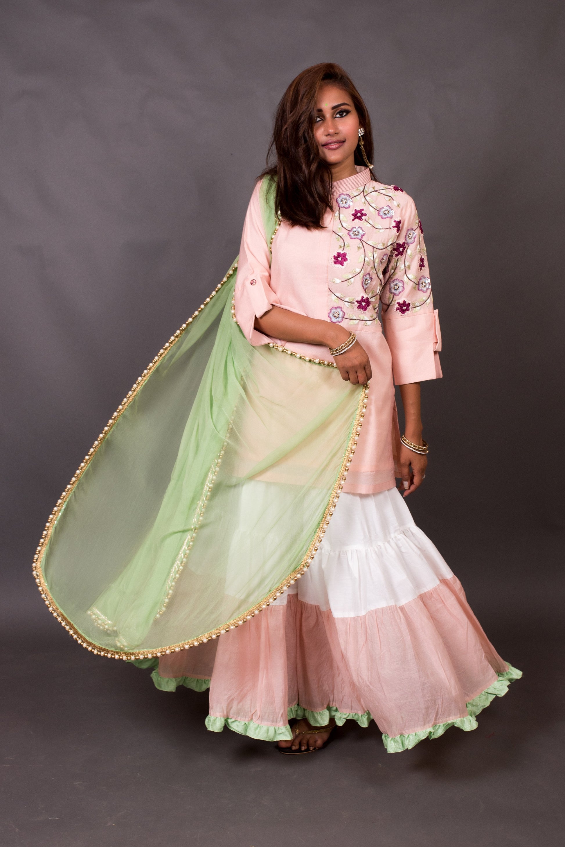 Blush Pink Color Teared Garara Silk Chanderi Set -  American dawn - Naksheband