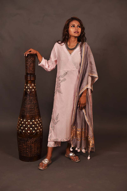 Lemonade Pink Color Lemonade Silk Chanderi Designer Suit Set - Orchid - Naksheband
