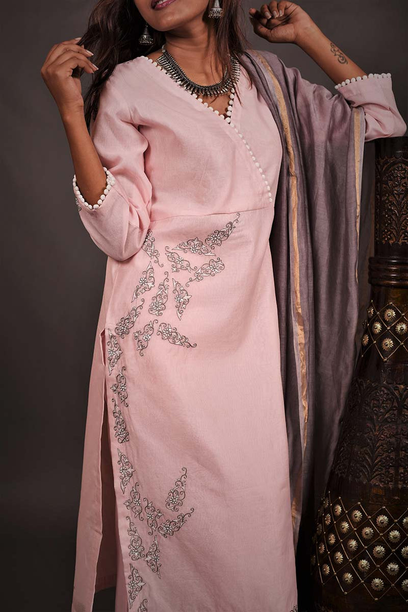 Lemonade Pink Color Lemonade Silk Chanderi Designer Suit Set - Orchid - Naksheband