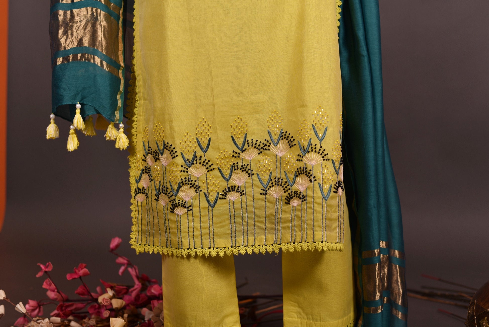 Pure Chanderi Silk Suit Set Embroidery  - Calla - Naksheband