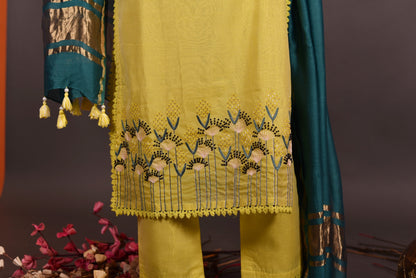Pure Chanderi Silk Suit Set Embroidery  - Calla - Naksheband