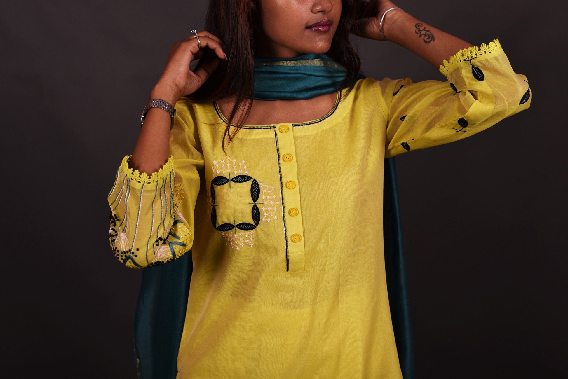 Pure Chanderi Silk Suit Set Embroidery  - Calla - Naksheband