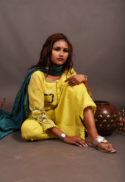 Pure Chanderi Silk Suit Set Embroidery  - Calla - Naksheband