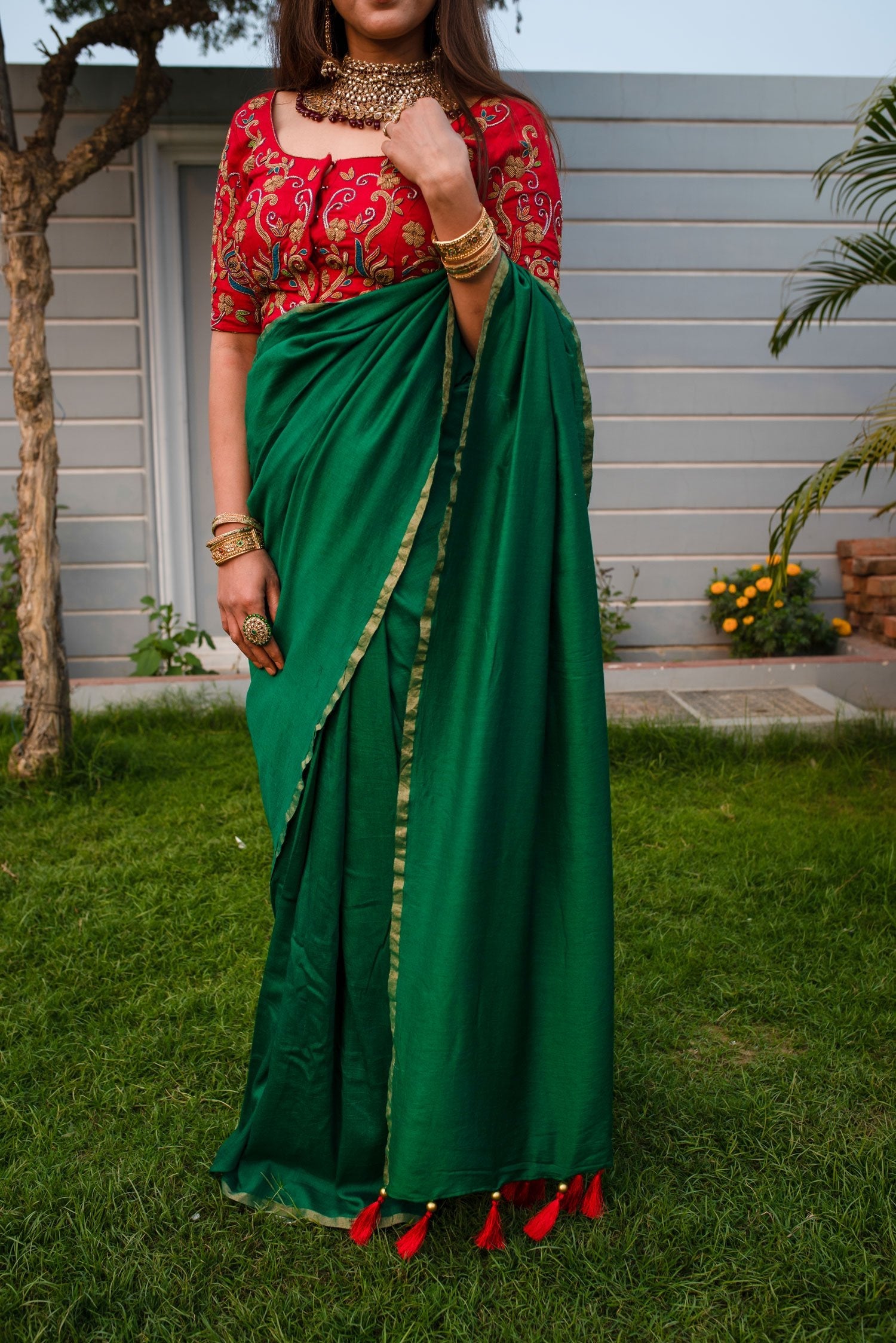 Basil Green Color Designer Pure Muga Embroidered - Ruby - Naksheband