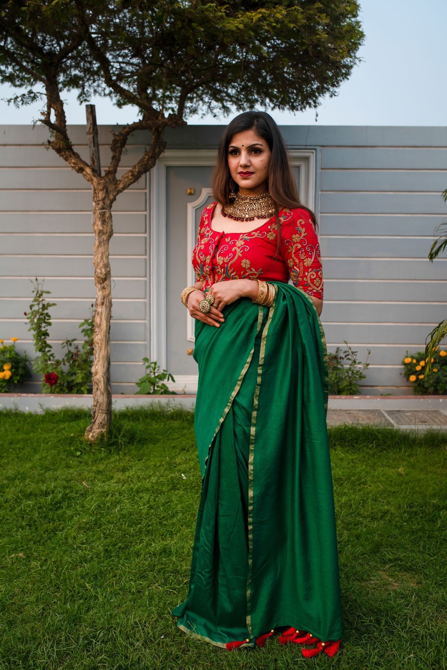 Basil Green Color Designer Pure Muga Embroidered - Ruby - Naksheband