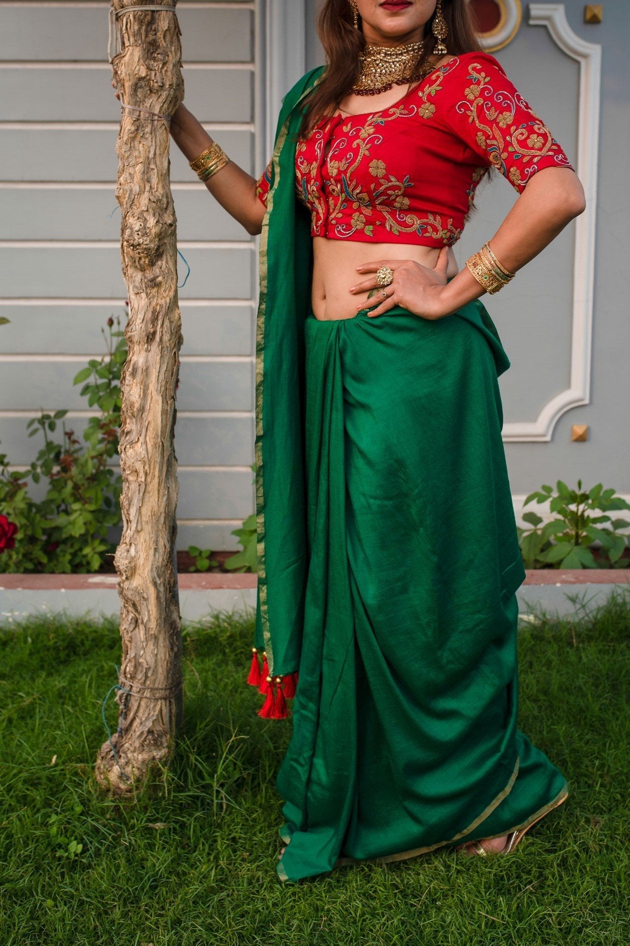 Basil Green Color Designer Pure Muga Embroidered - Ruby - Naksheband