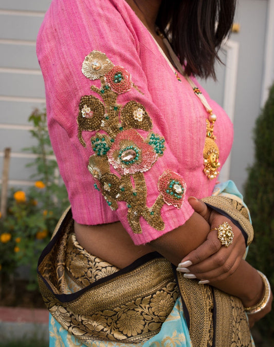 Pink Color Raw Silk Designer Embroidery Blouse - Luscious Pink - Naksheband