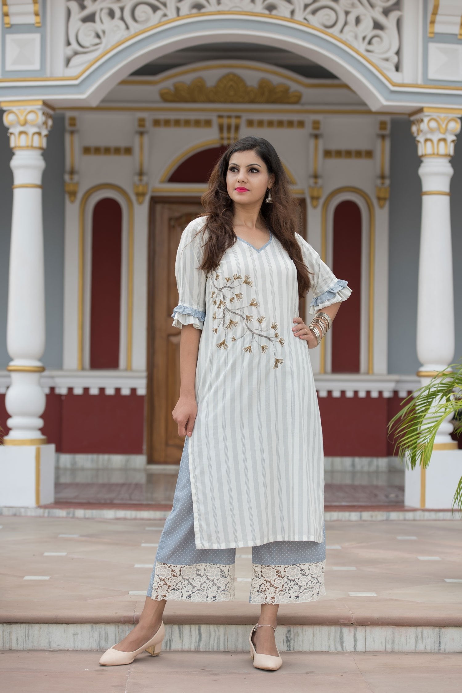 Cotton Suit Set Designer - Blue Heather - Naksheband