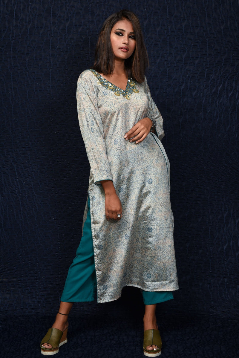 Greyish Blue With Turquoise Color Designer Suit Set - Midnight - Naksheband