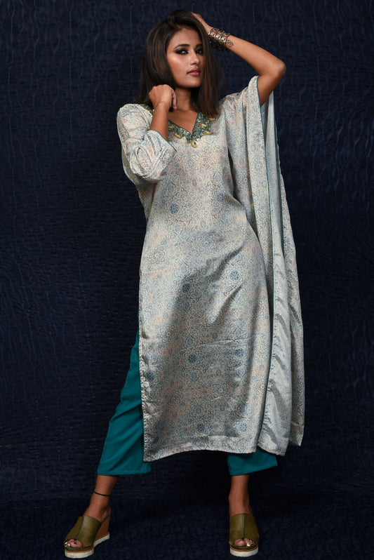 Greyish Blue With Turquoise Color Designer Suit Set - Midnight - Naksheband