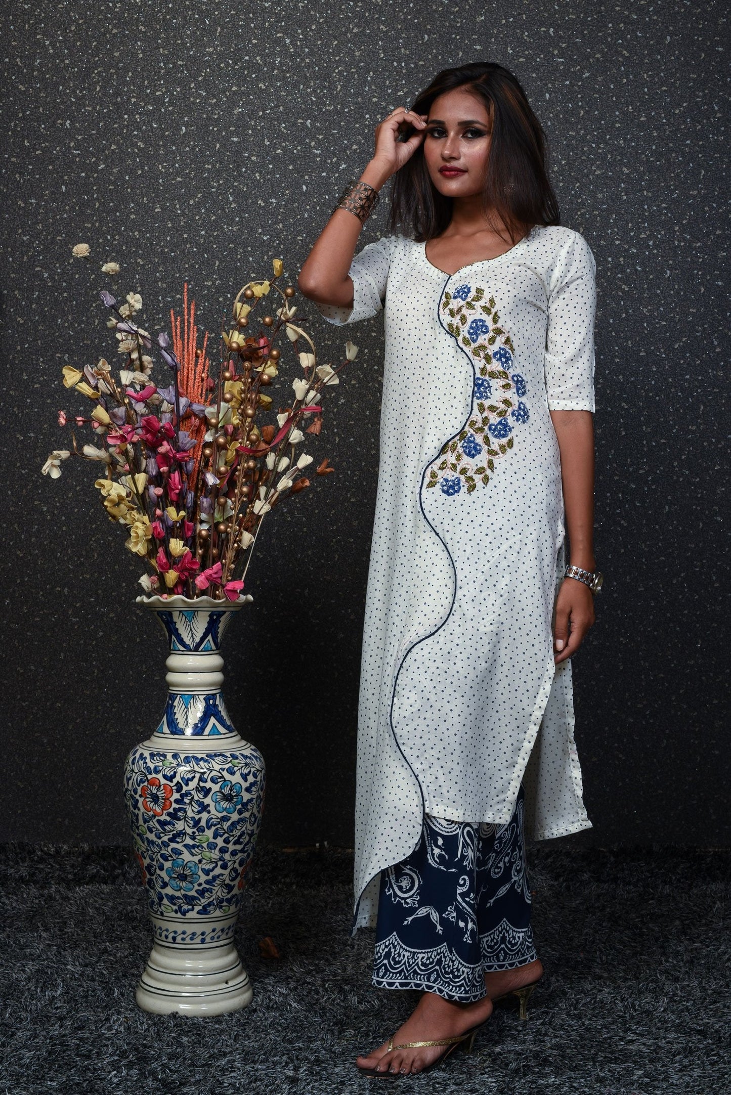White And Blue Color Cotton Suit Set Designer - Blue Bunch - Naksheband