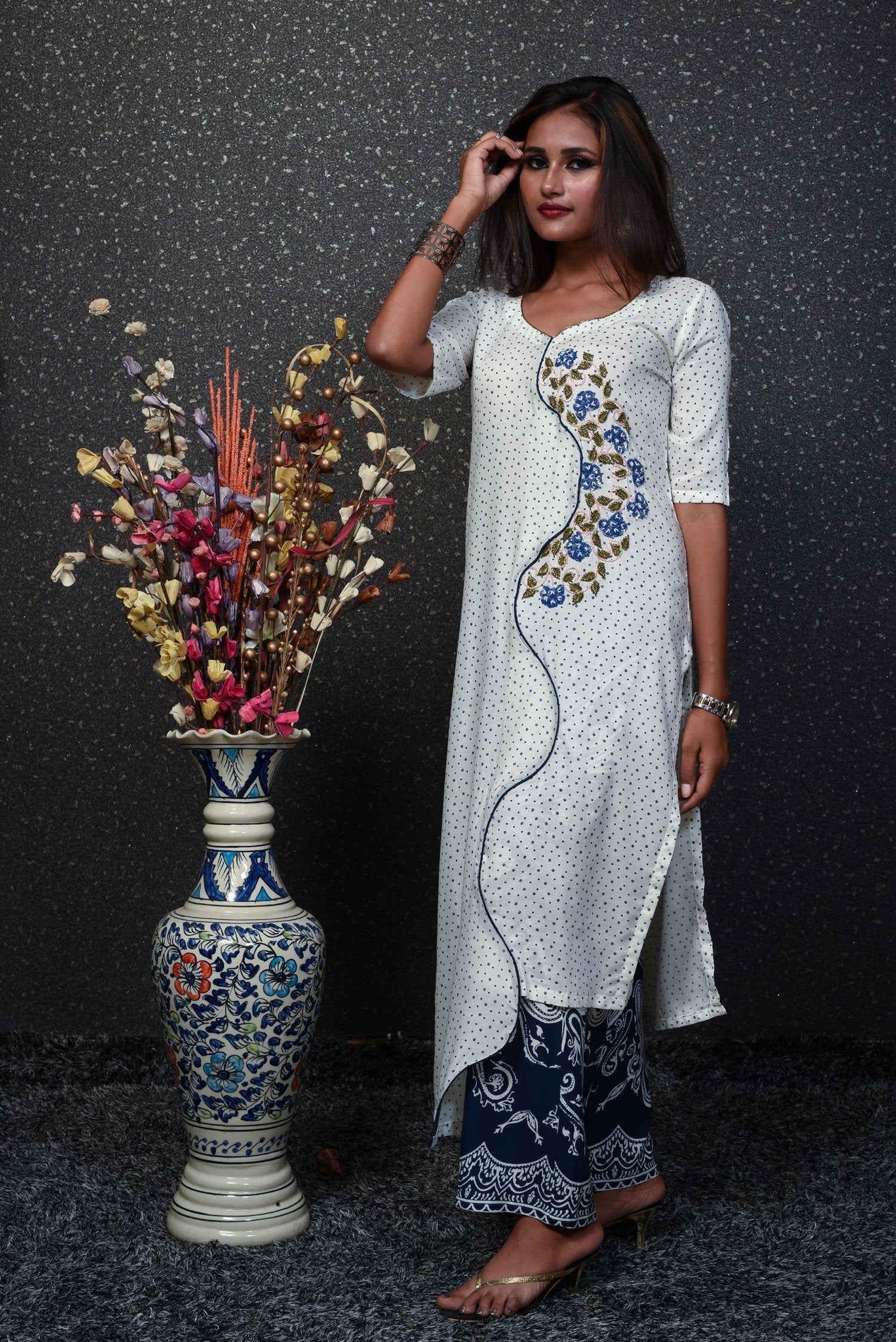White And Blue Color Cotton Suit Set Designer - Blue Bunch - Naksheband