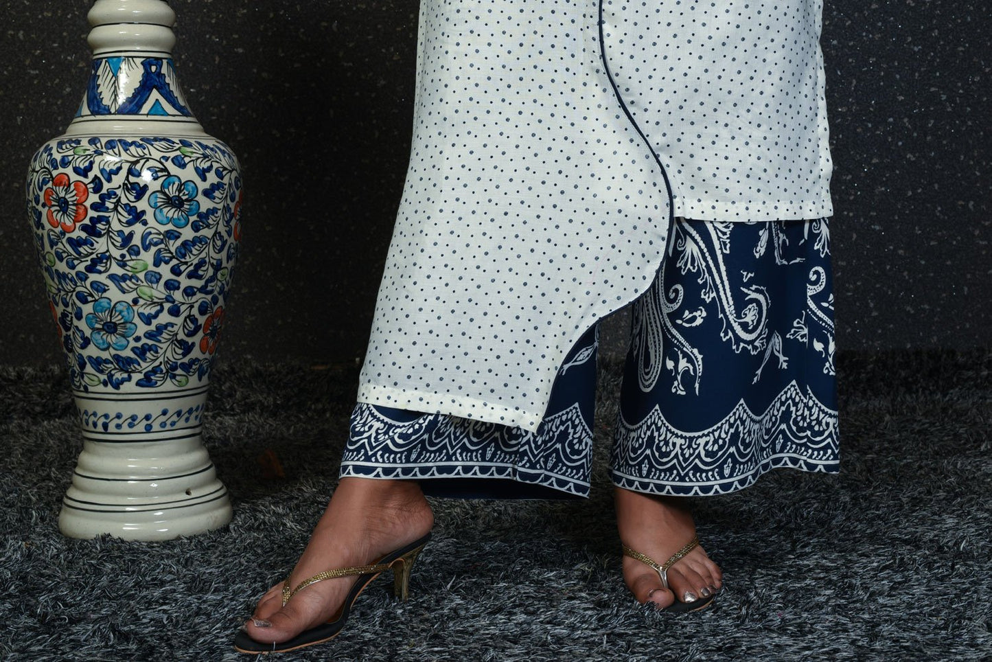 White And Blue Color Cotton Suit Set Designer - Blue Bunch - Naksheband