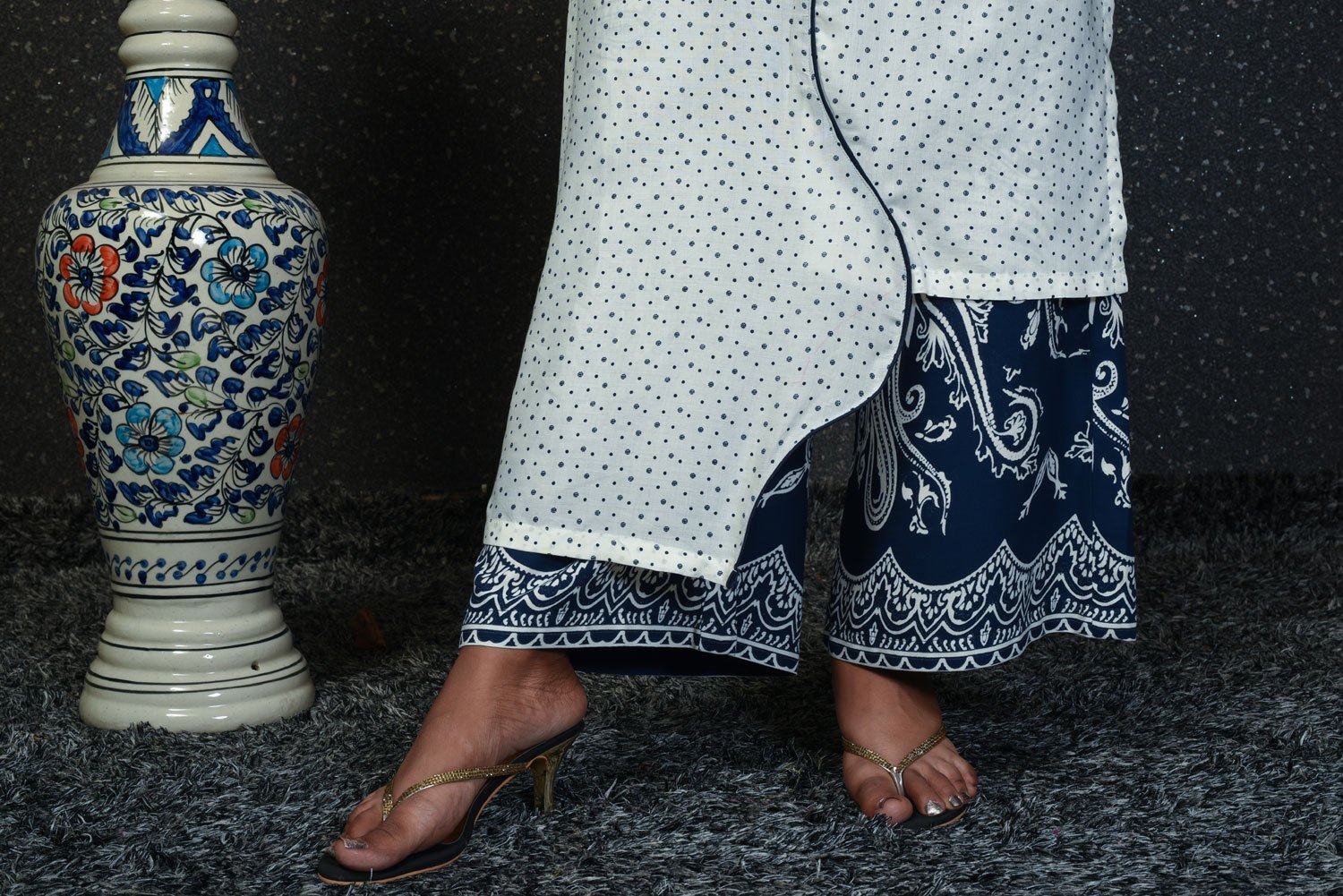 White And Blue Color Cotton Suit Set Designer - Blue Bunch - Naksheband