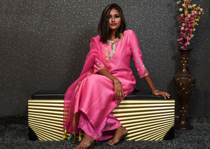 Pure Chanderi Silk Suit Set Designer - Razzle Rose - Naksheband