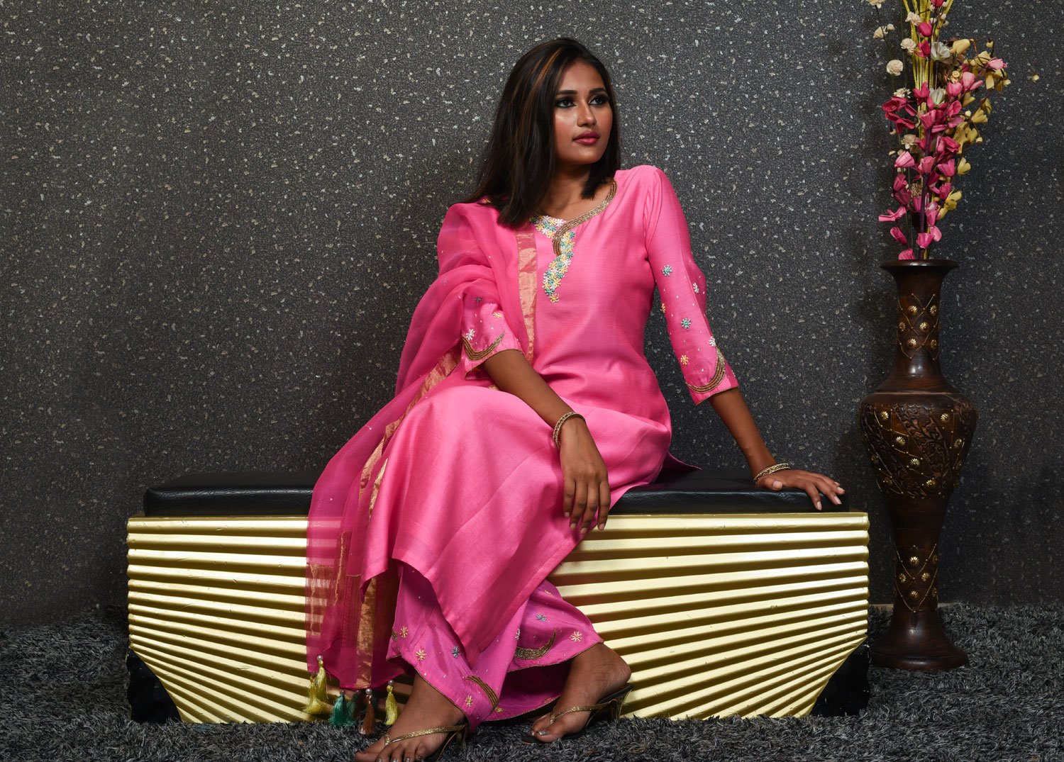 Pure Chanderi Silk Suit Set Designer - Razzle Rose - Naksheband