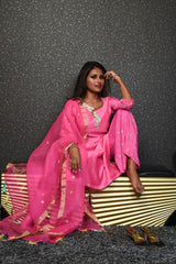 Pure Chanderi Silk Suit Set Designer - Razzle Rose - Naksheband