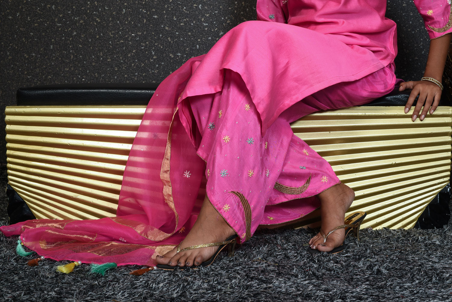 Pure Chanderi Silk Suit Set Designer - Razzle Rose - Naksheband