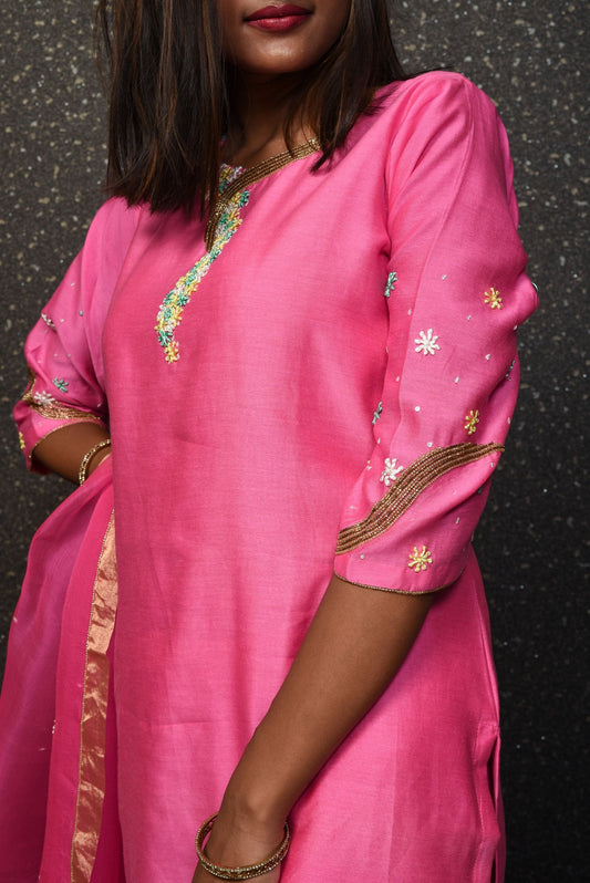 Pure Chanderi Silk Suit Set Designer - Razzle Rose - Naksheband