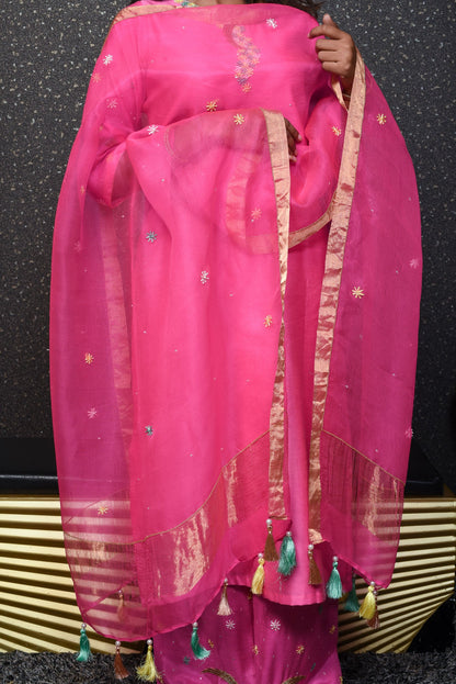 Pure Chanderi Silk Suit Set Designer - Razzle Rose - Naksheband