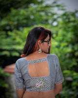 Grey Color Silk Crape Designer blouse - Serene - Naksheband