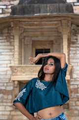 Blue Color Crepe Silk Blouse Kaftaan Style Designer - Bahama - Naksheband