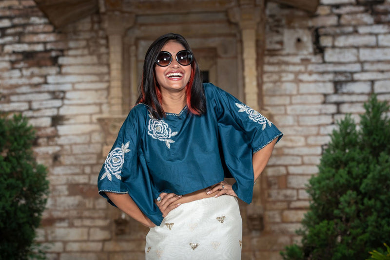 Blue Color Crepe Silk Blouse Kaftaan Style Designer - Bahama - Naksheband